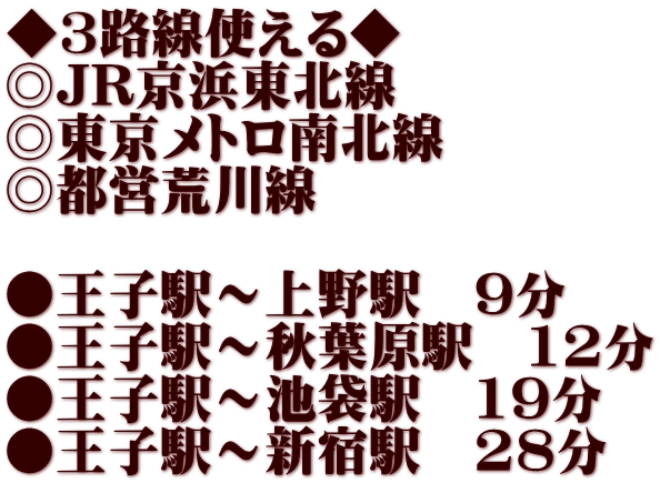 ◆3路線使える◆ ◎JR京浜東北線 ◎東京メトロ南北線 ◎都営荒川線  ●王子駅～上野駅　9分 ●王子駅～秋葉原駅　12分 ●王子駅～池袋駅　19分 ●王子駅～新宿駅　28分