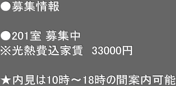 ●募集情報　  ●201室 募集中 ※光熱費込家賃　33000円  ★内見は10時〜18時の間案内可能