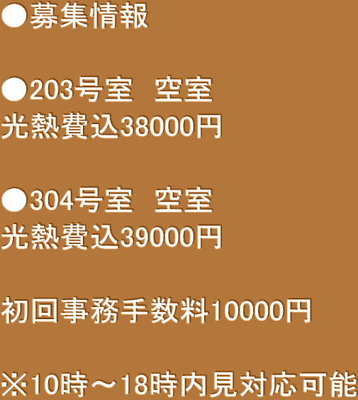 ●募集情報  ●203号室　空室 光熱費込38000円  ●304号室　空室 光熱費込39000円  初回事務手数料10000円  ※10時～18時内見対応可能